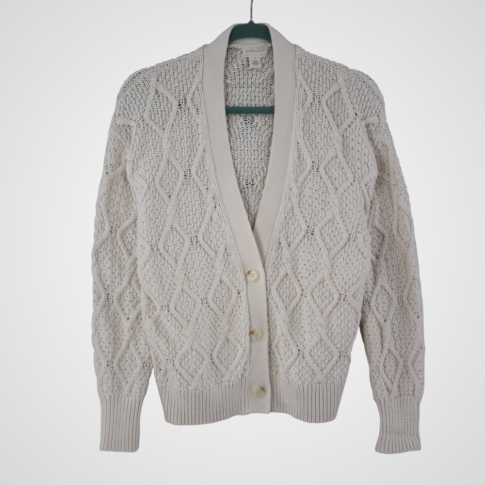 Caslon Pima Cotton Diamond Cable Knit Cardigan Womens L White Fisherman Chunky